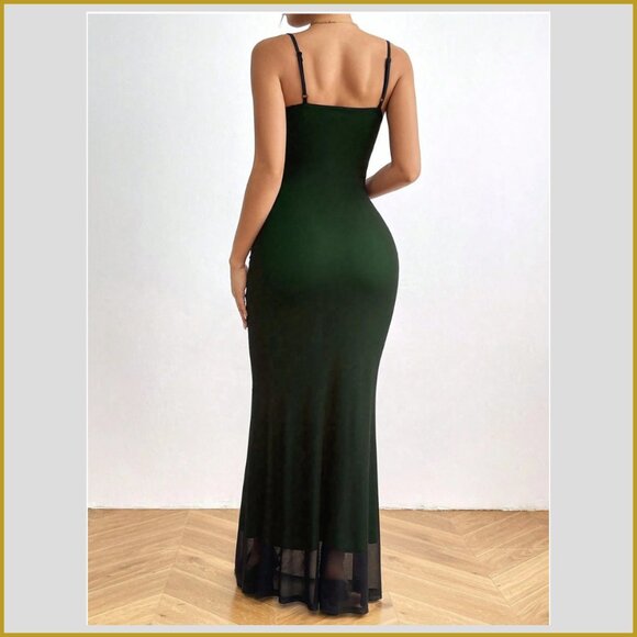 Green Spaghetti Strap Maxi Dress with Mesh Hem Bodycon | Size M - Picture 5 of 5